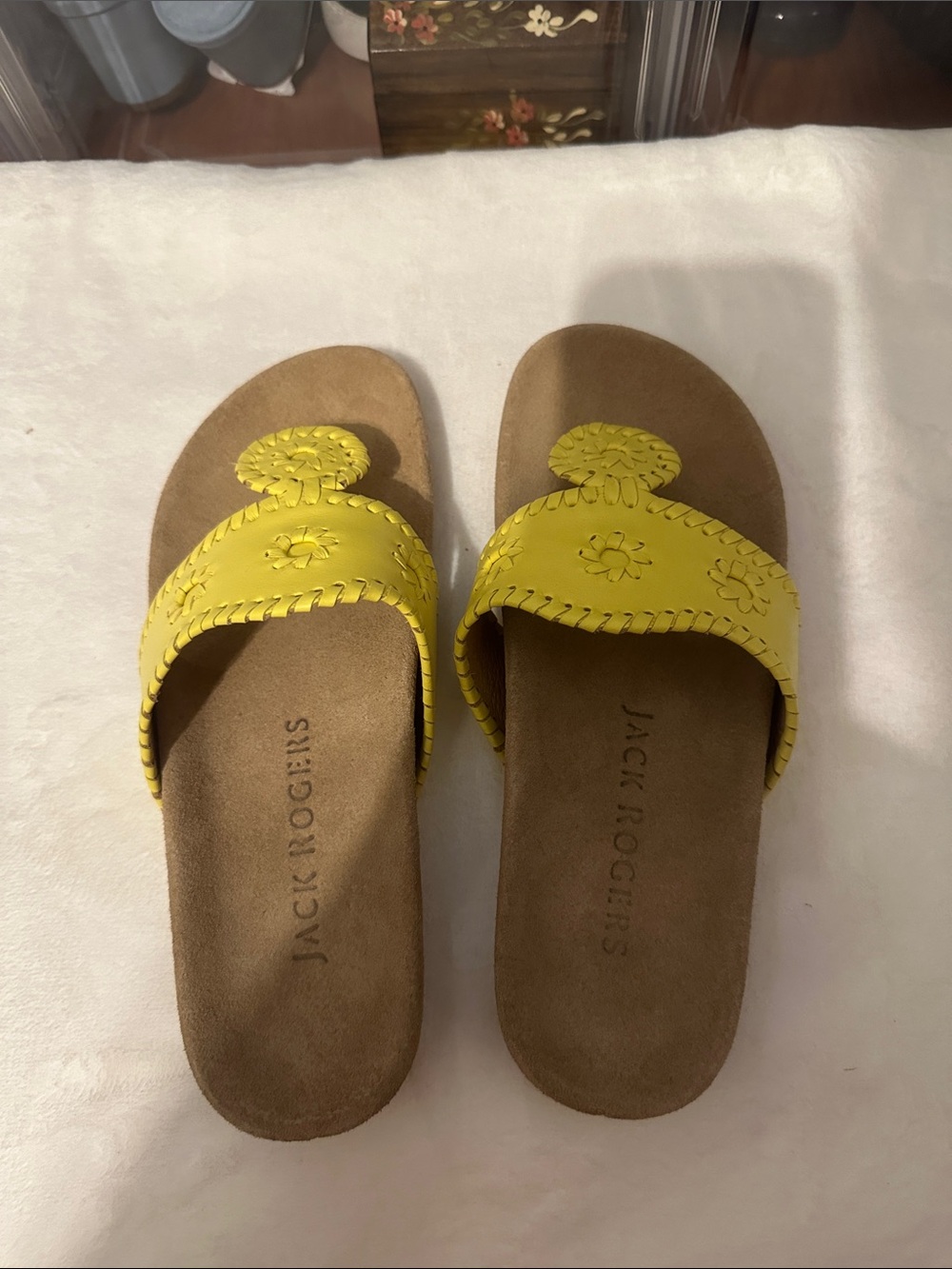 Jack Rogers Yellow Braided Leather Slide Sandals with Medallion